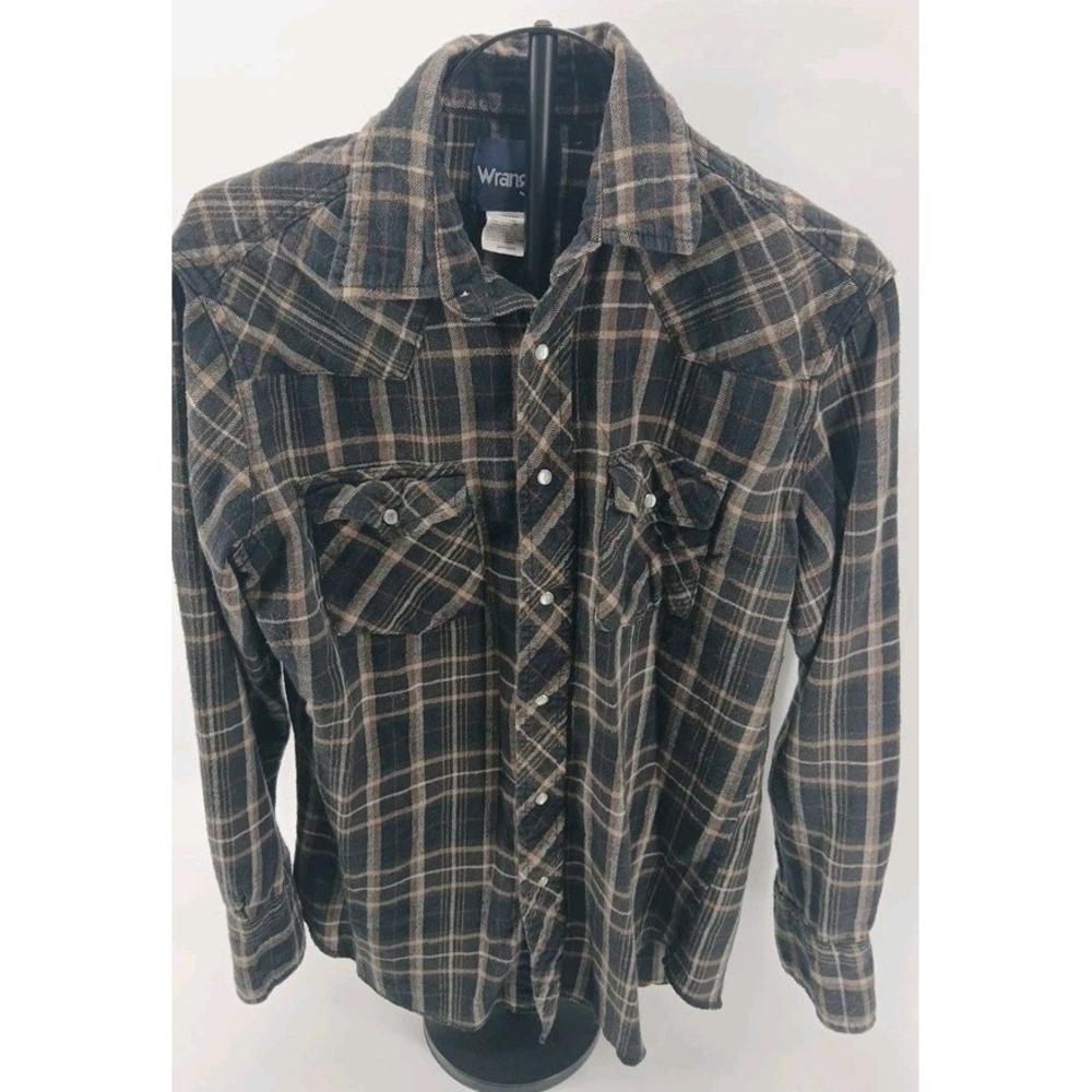 Wrangler Long Sleeve Pearl Snap Brown Plaid Flannel Sz- Med Western Rodeo Ranch